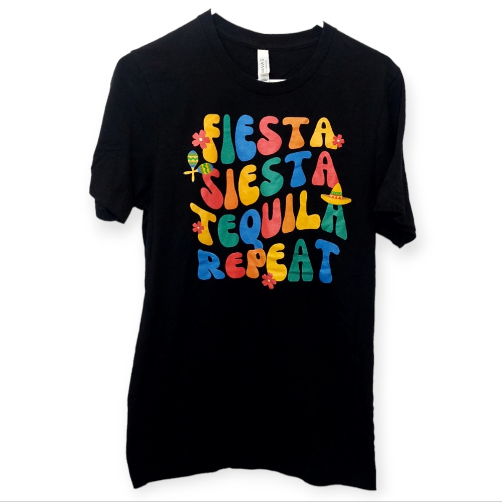 Fiesta Siesta Tequila Repeat Funny Graphic Print Shirt Tee Size Medium Black